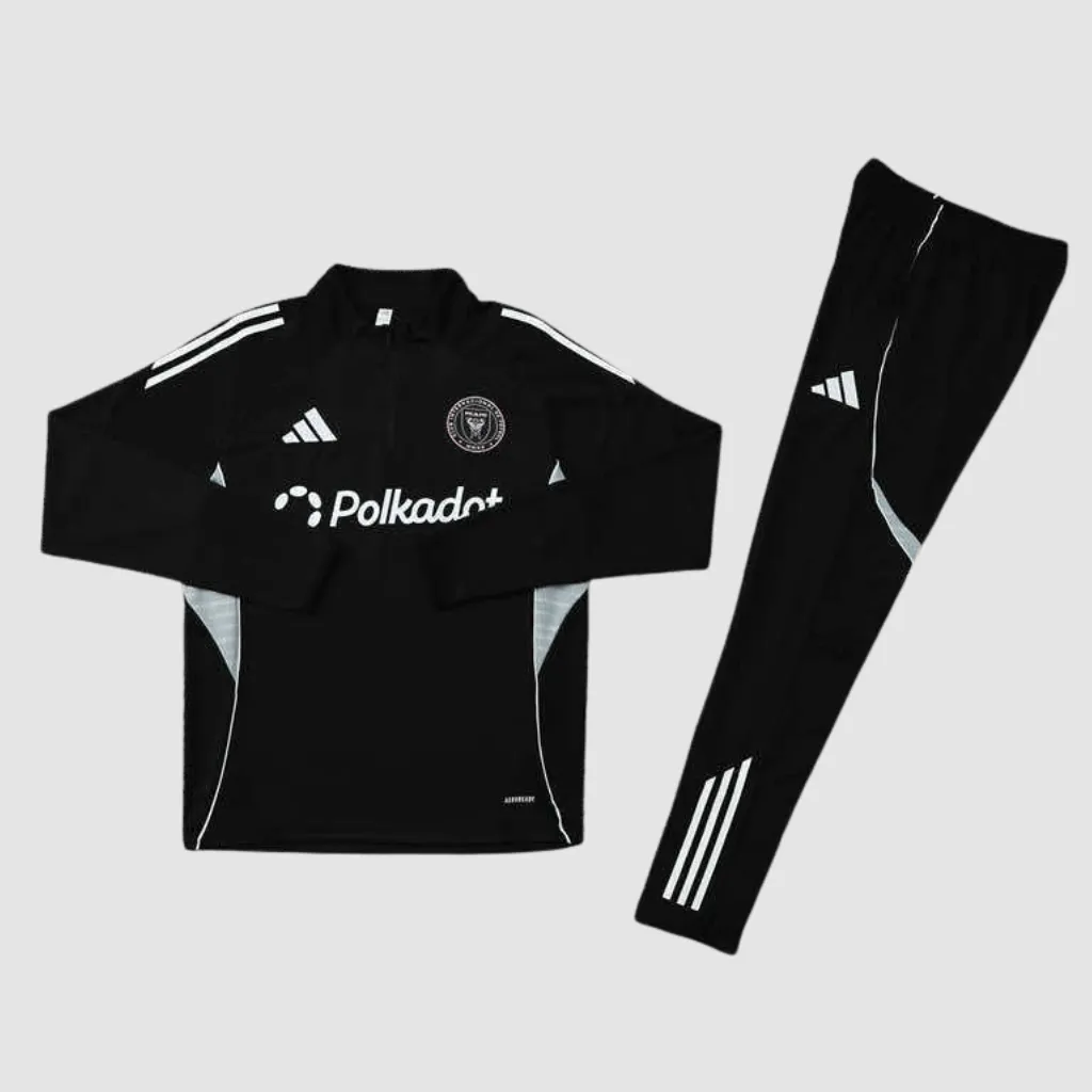 Conjunto de treino do Inter Miami adidas 2025 preto com detalhes rosa e branco e escudo do clube no peito