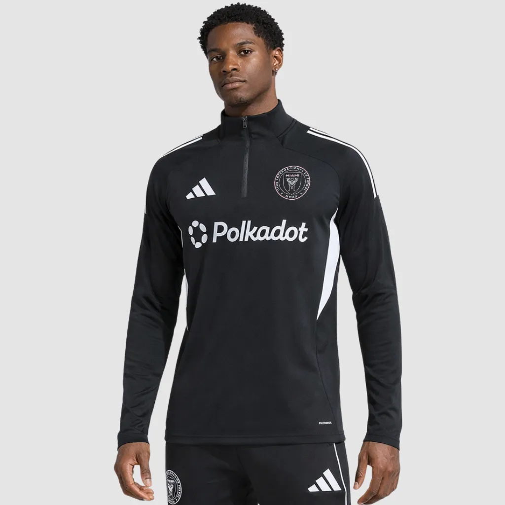 Conjunto de treino do Inter Miami adidas 2025 preto com detalhes rosa e branco e escudo do clube no peito