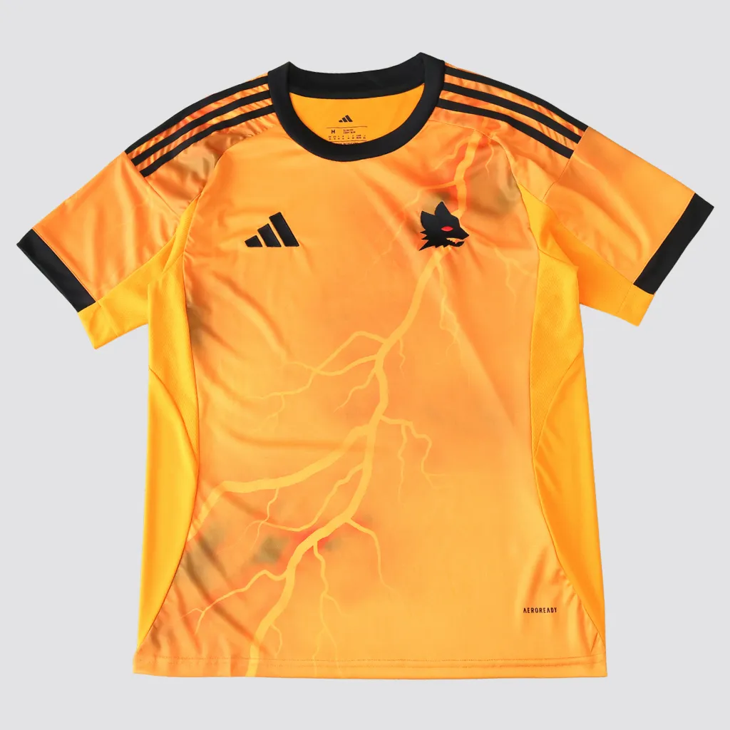 Camisa reserva da AS Roma adidas 2025 2026 laranja com raio central inspirado na mitologia romana, escudo retrô e detalhes pretos
