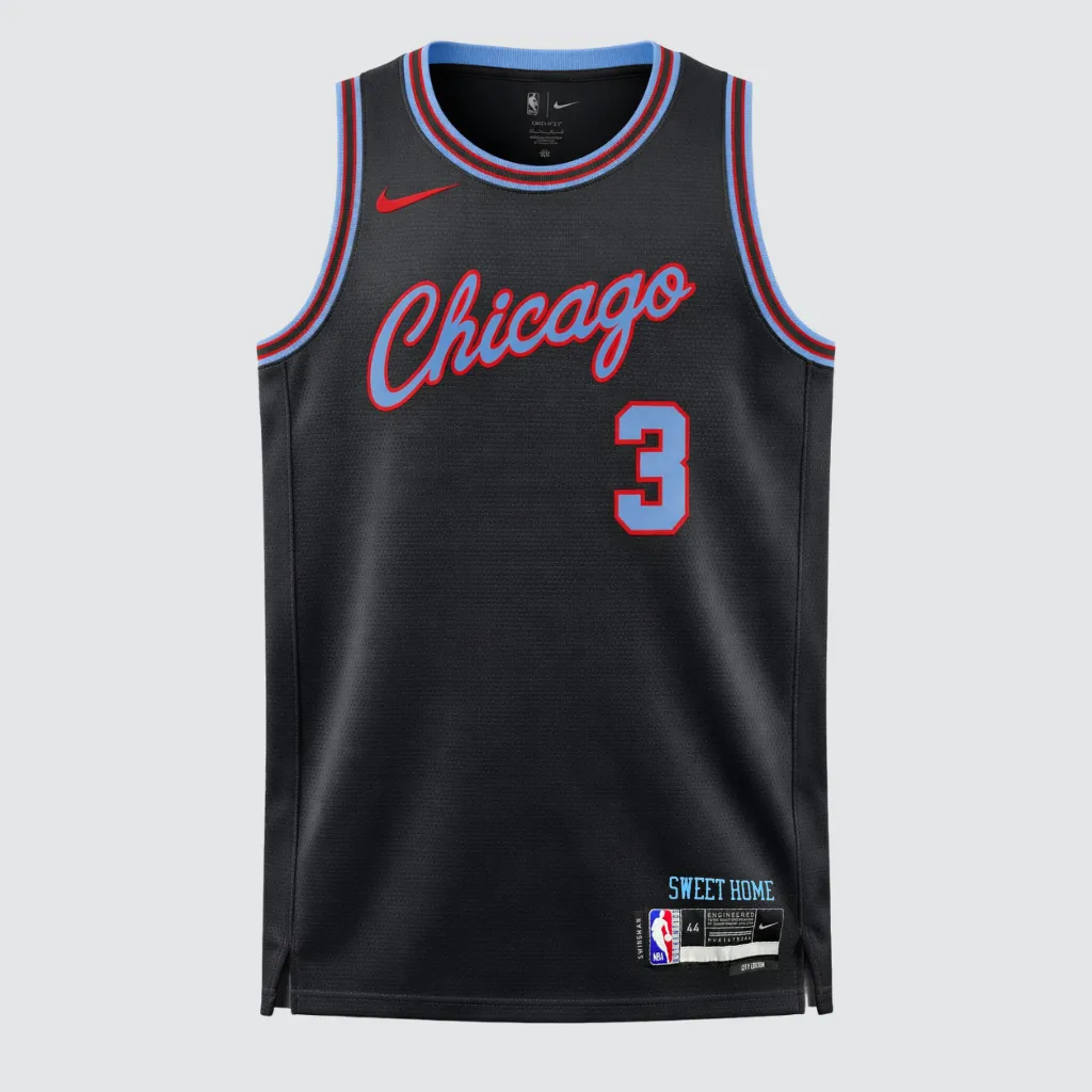 Regata Chicago Bulls City Edition 2025/26 Swingman Nike em preto, com inscrição Chicago no peito, quatro estrelas vermelhas inspiradas na bandeira da cidade e frase Sweet Home, detalhes em azul e vermelho invertidos, tecido mesh respirável, caimento regular e acabamento