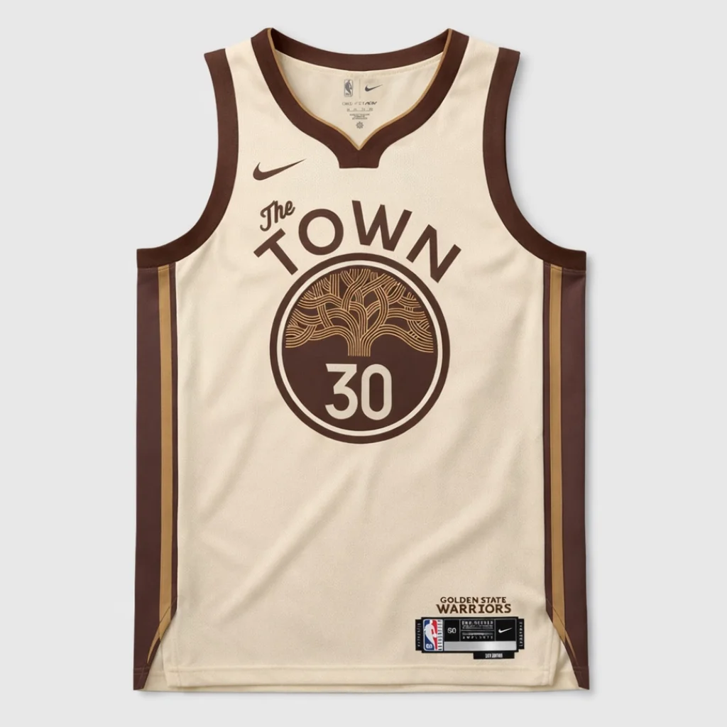 Vista frontal da regata Golden State Warriors City Edition 2025/26 em creme com nome Curry e número 30