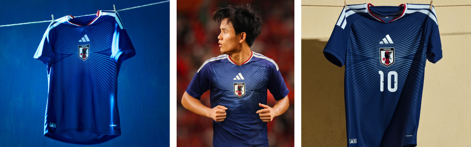Camisa titular Japão 2026 em ambiente real, mostrando o azul clássico e os grafismos inspirados no horizonte utilizados pela seleção.