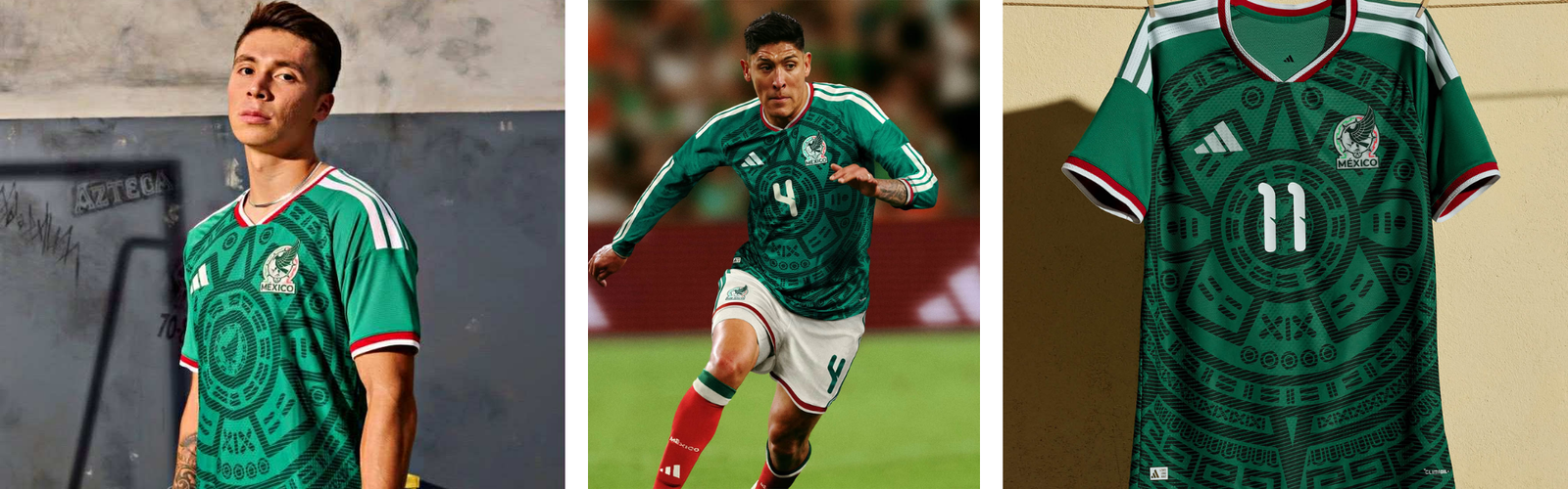 Camisa titular México 2026 em ambiente esportivo, destacando o verde vibrante, os grafismos culturais inspirados no uniforme de 1998 e a energia que simboliza o orgulho mexicano.