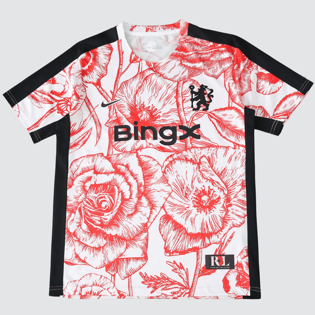 Frente da camisa pré‑jogo Chelsea 2025 esticada