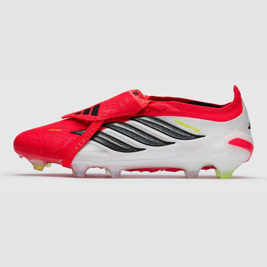 Vista lateral da chuteira adidas Predator Tongue Elite FG Born For Goals mostrando o cabedal vermelho com detalhes pretos e brancos