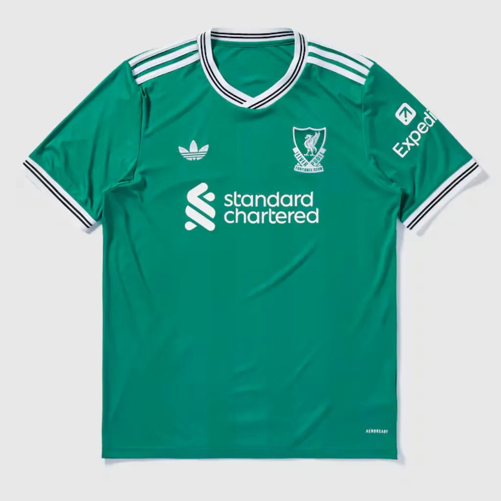 Camisa terceira do Liverpool adidas 2025 2026 verde-mar com listras tonais, escudo retrô do Liverbird e logo Trefoil