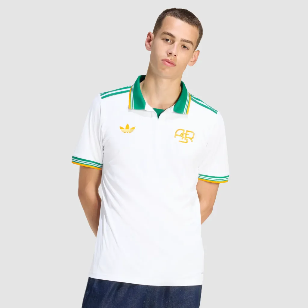 Camisa terceira da Roma adidas 2025 2026 verde terroso com detalhes amarelos e trigrama ASR no peito