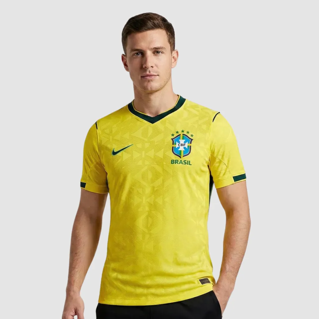 Camisa titular Brasil Nike 2026 amarelo canário com detalhes azul‑esverdeados e padrão inspirado na bandeira do Brasil